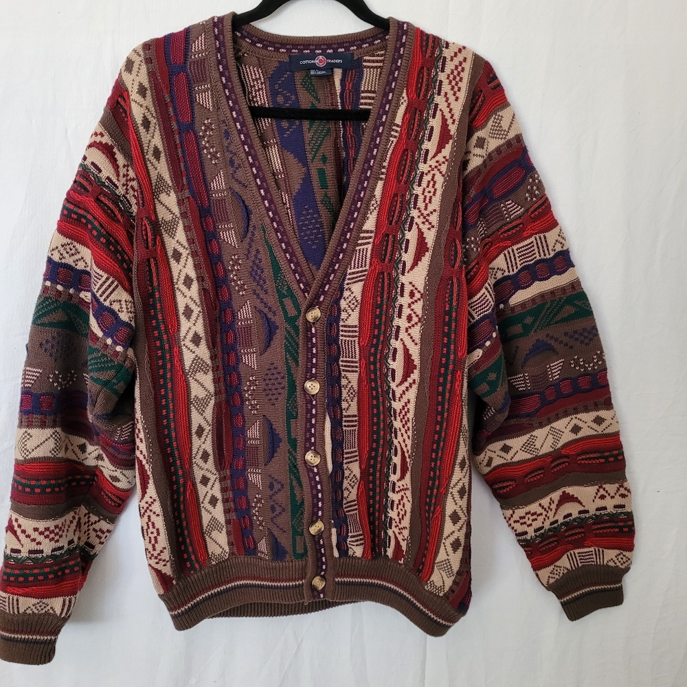 VTG COTTON TRADERS Cardigan Sweater Coogie Style Size L Textured 100% Cotton Y2K